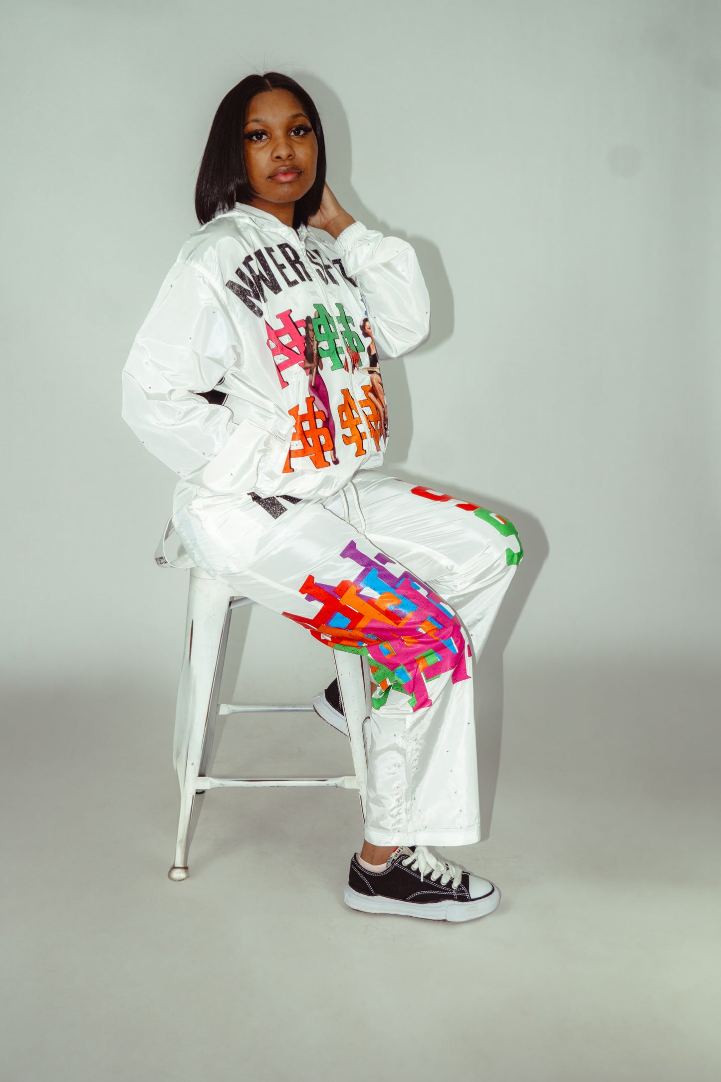 White Never Settle Rhinestone Hoodie