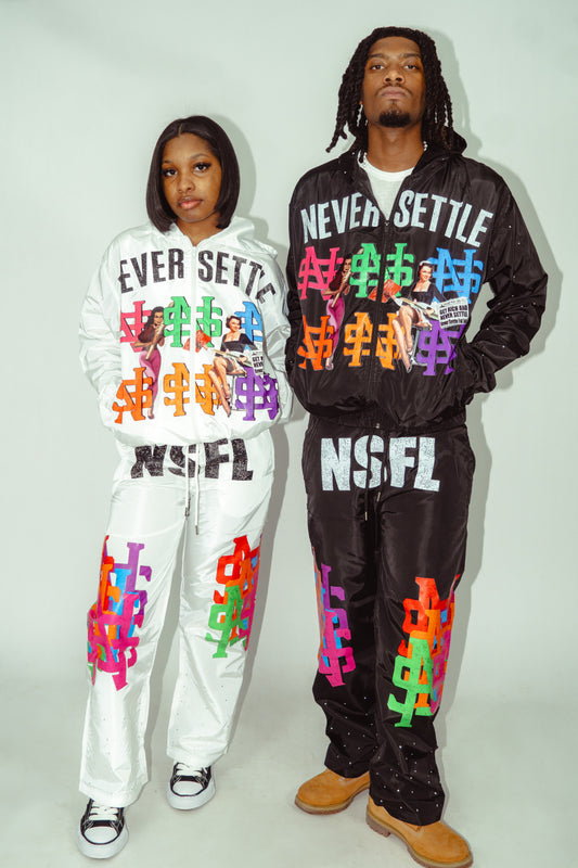 White Never Settle Rhinestone Hoodie