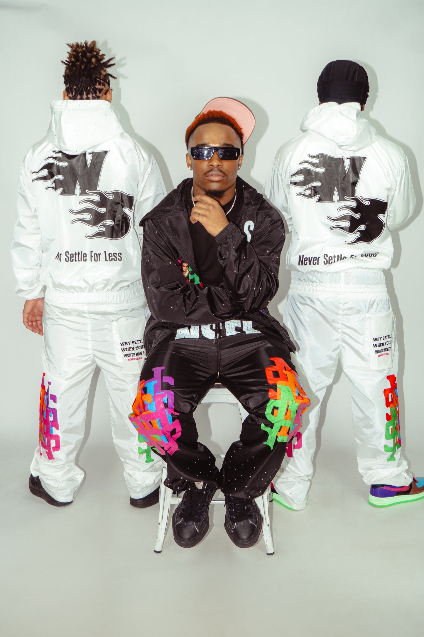 White Never Settle Double Waisted Rhinestone Sweatpants