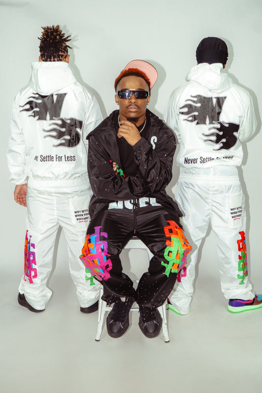 White Never Settle Double Waisted Rhinestone Sweatpants